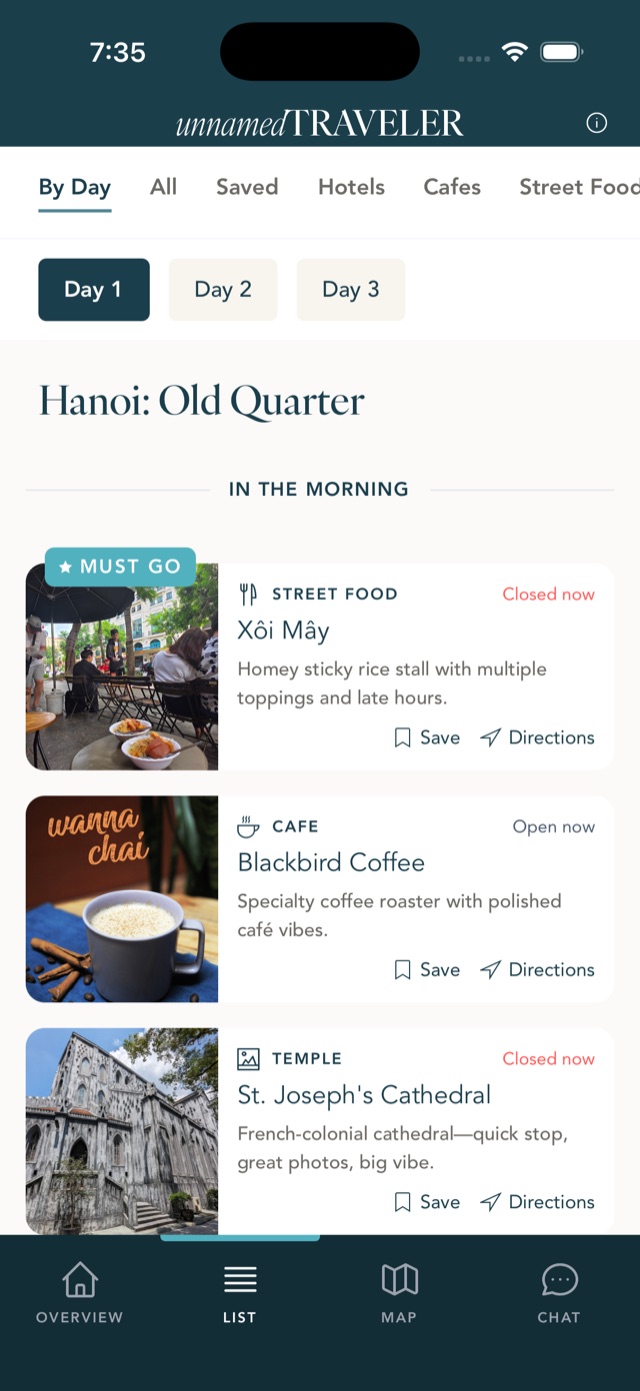 Hanoi day-by-day itinerary screen in the app