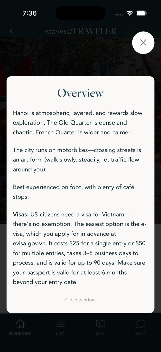 Hanoi city tips screen in the app