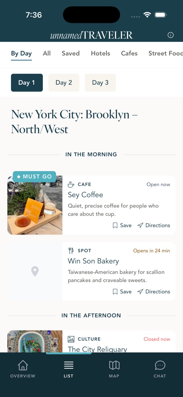 New York City day-by-day itinerary screen in the app