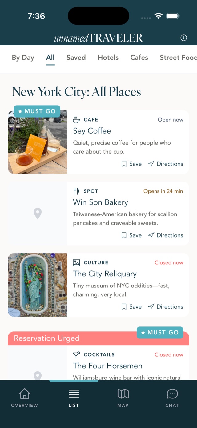 New York City browse-by-category screen in the app