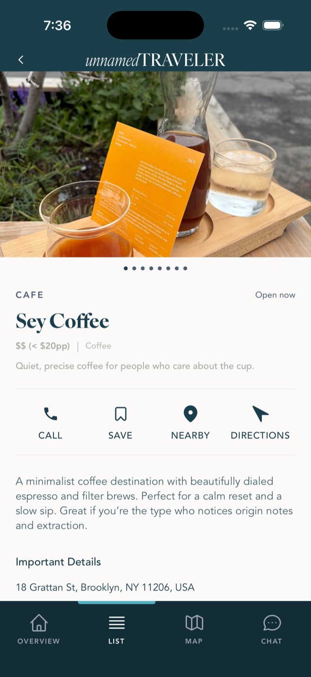 New York City place detail screen in the app