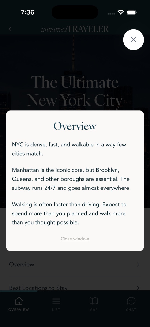 New York City city tips screen in the app