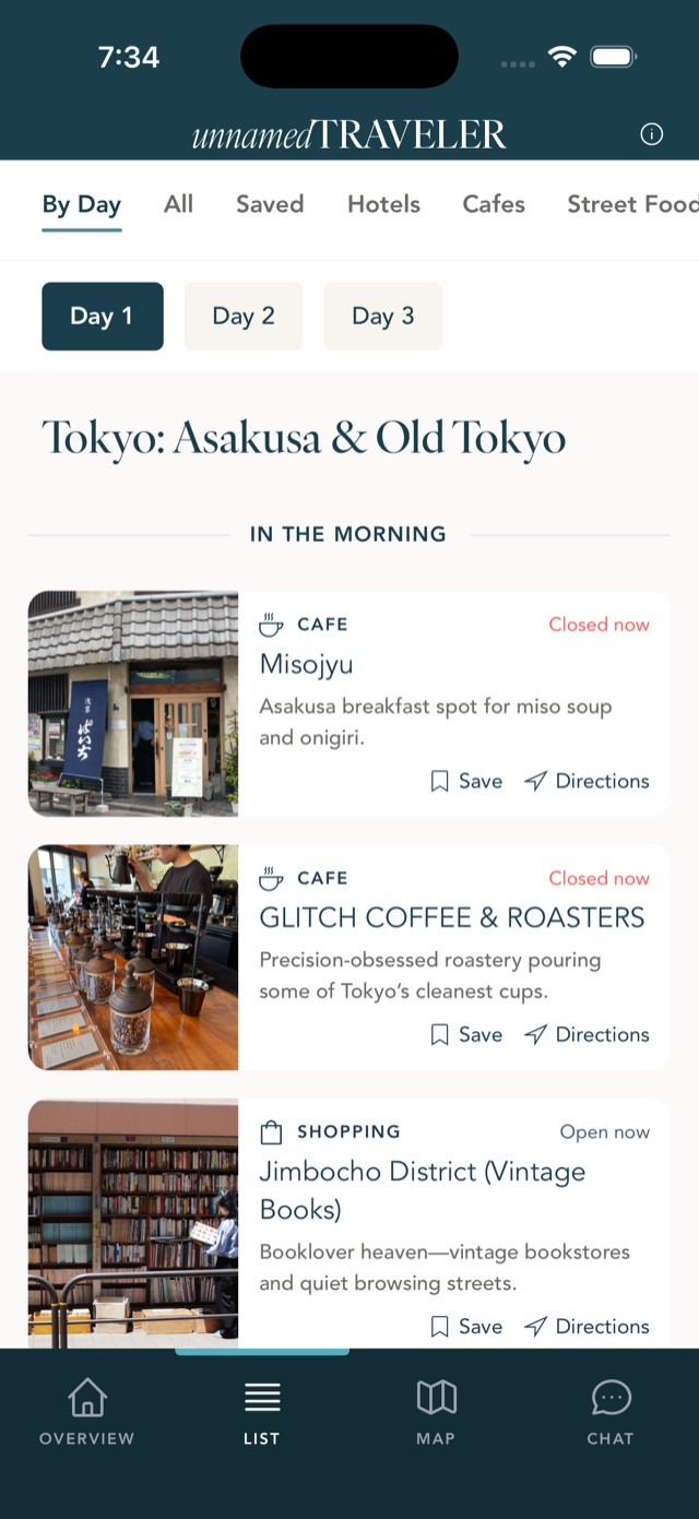 Tokyo day-by-day itinerary screen in the app