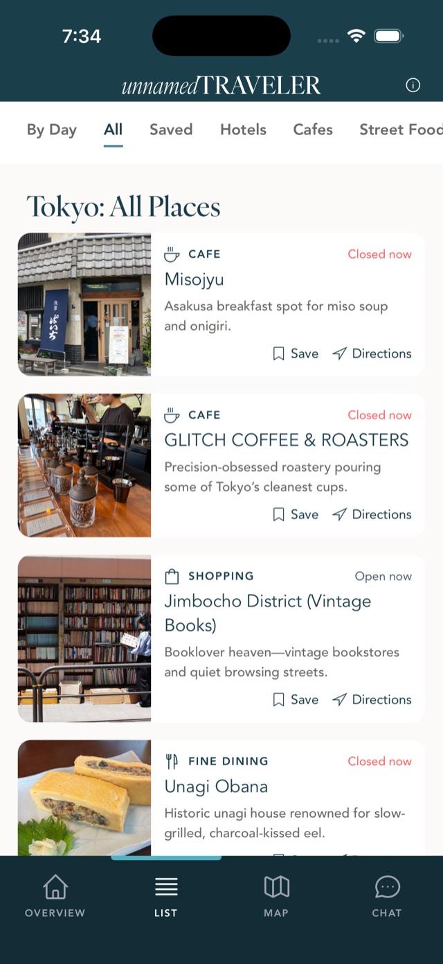 Tokyo browse-by-category screen in the app