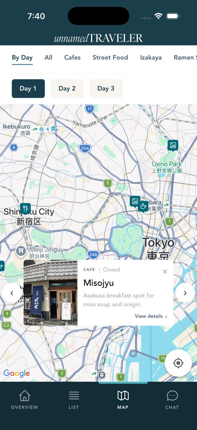 Tokyo interactive map screen in the app