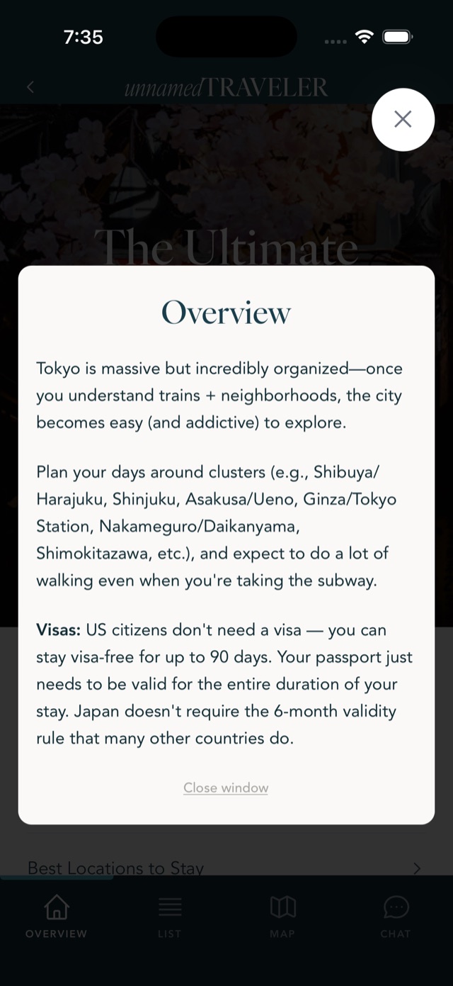 Tokyo city tips screen in the app